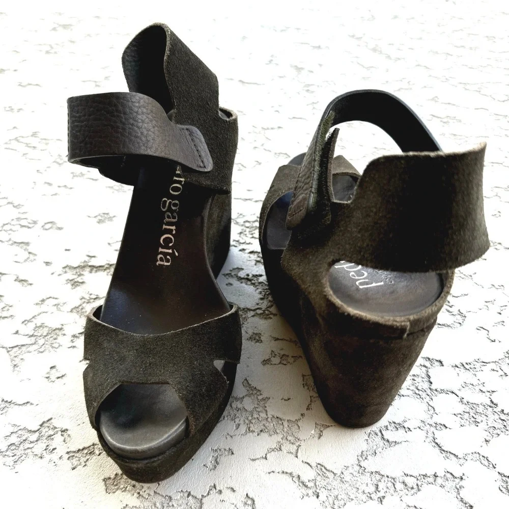 Pedro Garcia Wedge‎ Sandals Espadrille Peep Toe Adjustable Ankle Strap Green